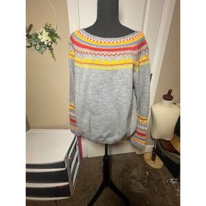 Womens Gray Fair Isle Snowflake Knit Sweater Boat Neck Cozy Warm